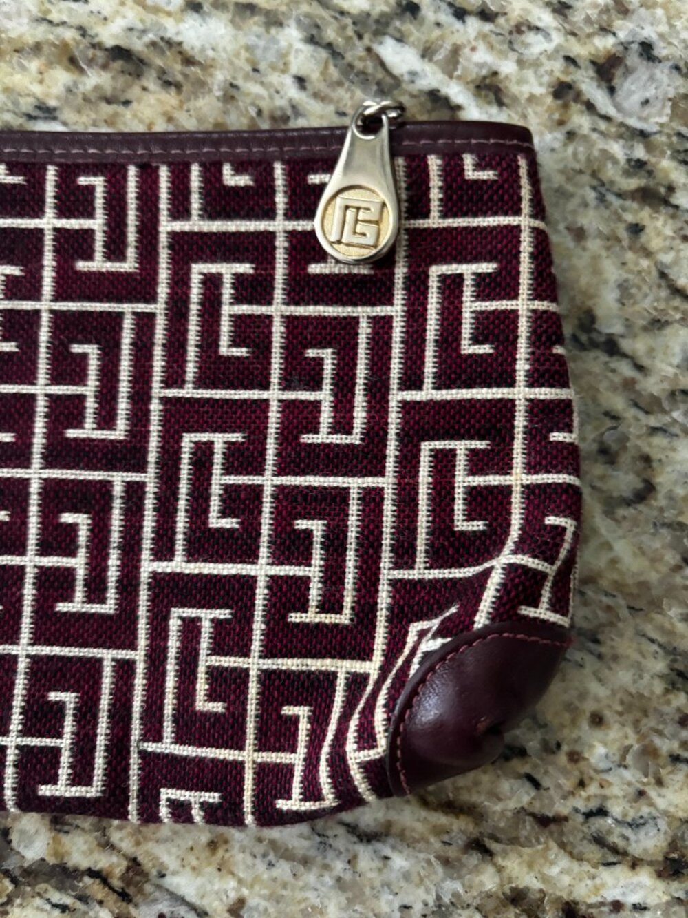 Authentic Vintage Pierre Balmain Paris: Burgundy Monogram Canvas Zippered Pouch